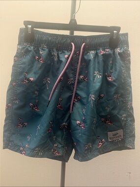 Teal Flamingo Athletic Swim Shorts with Pink Drawcord